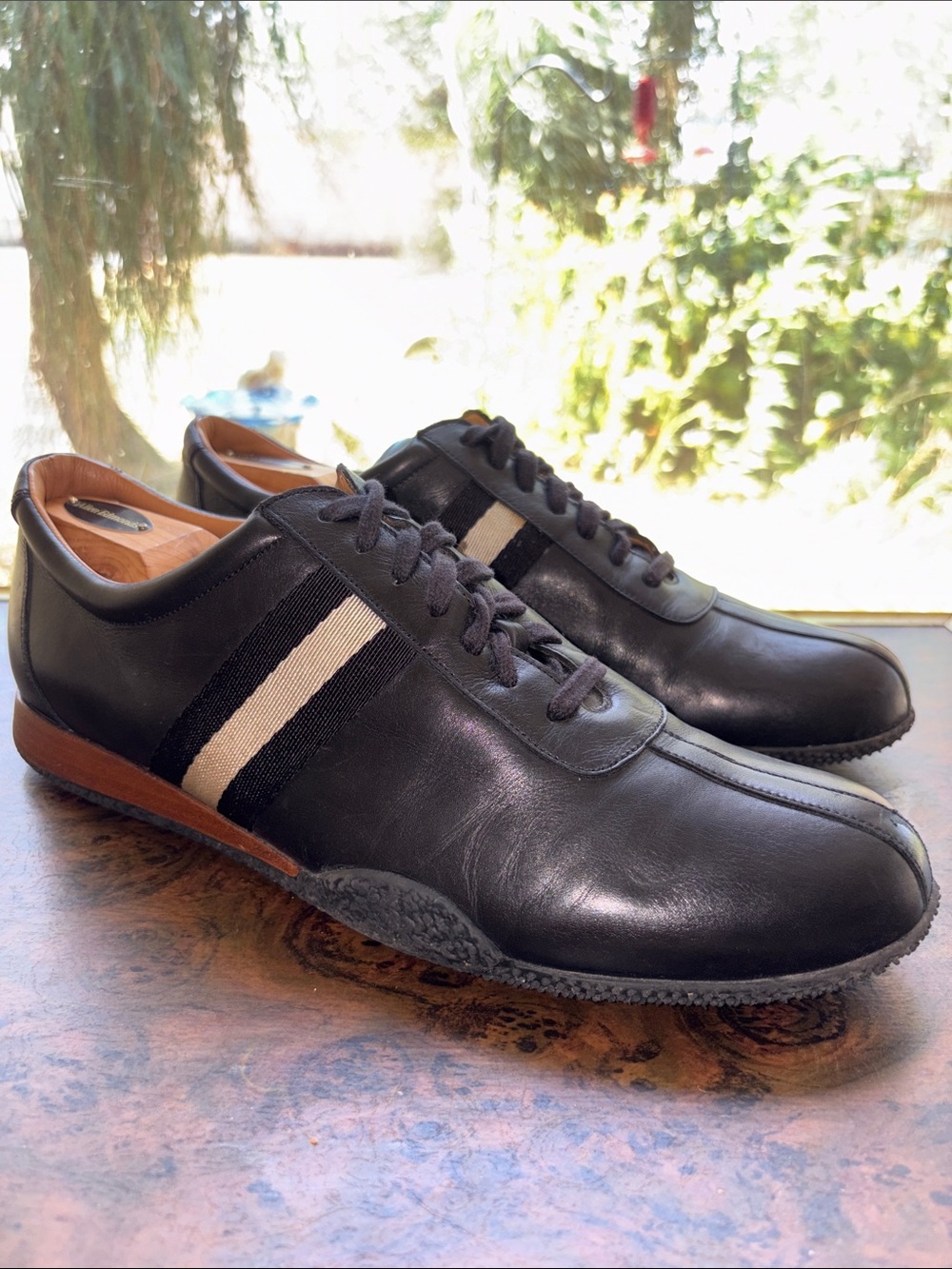 Bally Freenew Black Leather Low Top Sneakers Mens Size 12 D Stripe Swiss Cross